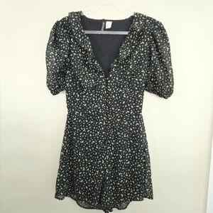 H&M Divided Ditzy Floral Black Short Puff Sleeve Romper Short Ruffle Size XXS